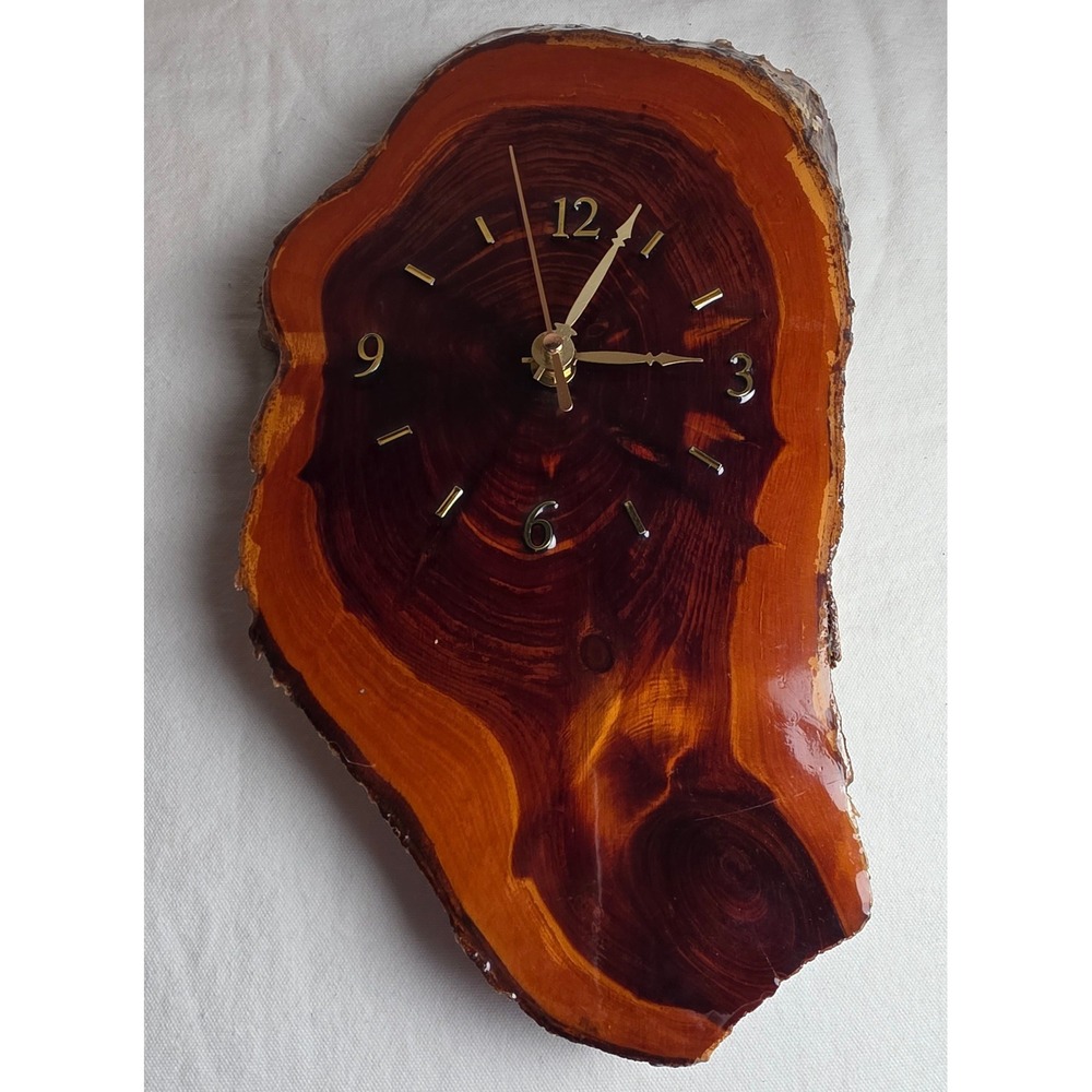 Vintage Live Edge Wood Slab Wall Clock High Gloss Resin Gold Tone Quartz 6168S